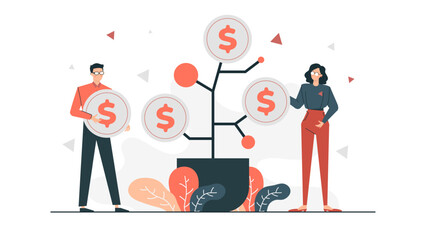 Two people holding dollar signs by a money tree. Perfect for financial concepts, money management, business growth, investment ideas.