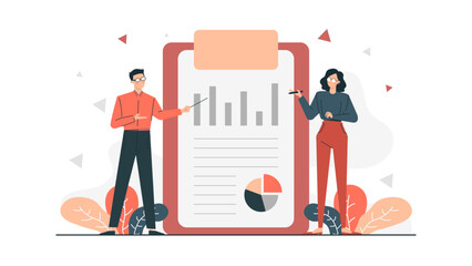 Two people review business data on charts. Perfect for presentations, reports, statistics, business meetings, analytics, teamwork, and finance concepts.