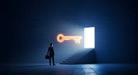 Man in Suit Facing Glowing Door with Digital Key Above on Steps in a Dark Room with Grid Wall Success Concept