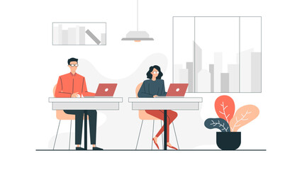 Two people working on laptops in office, suitable for business, technology, office environment, collaboration, teamwork, coworkers, remote work concepts.