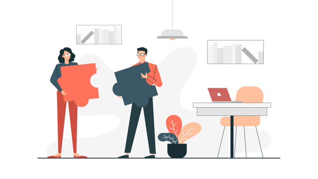 Two people collaboratively connecting puzzle pieces in an office setting; ideal for teamwork, problem solving, business teamwork concepts in design projects.
