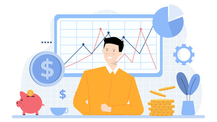 Man smiling with piggy bank and coins in front of chart. Suitable for finance, investment, savings, financial planning concepts.