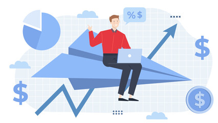 Man flies on paper plane with laptop; depicts creativity, innovation. Perfect for technology, travel, imagination, business concepts in design projects.