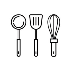 シンプルな料理道具の線画アイコンセット｜レードル,おたま,フライ返し,泡立て器
