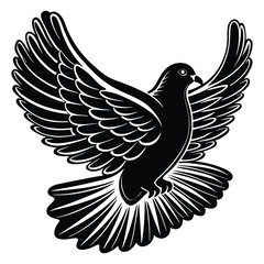 Obraz premium Black silhouette of a dove flying with an olive branch in its beak, symbolizing peace, hope, and harmony in a simple and powerful minimalist design. 