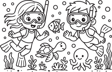 Fish contour. Children's illustration. Animals coloring page. Sea creatures drawing. Underwater world coloring book. 