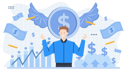 Happy man celebrating financial success, suitable for marketing campaigns, financial industry websites, and business success blogs. Joyful accomplishment.