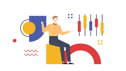 Man demonstrating stock market analysis with a yellow block and candlestick chart. Suitable for financial presentations, trading blogs, and investment concepts.