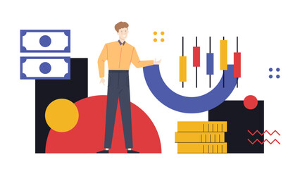Man demonstrating financial success with a chart and stack of money, suitable for business, finance, investment, and success concepts.