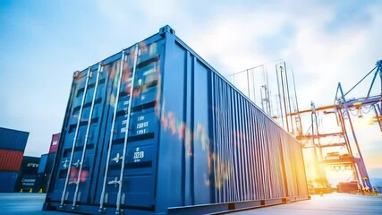 Global trade visualized shipping container with superimposed stock market data at a harbor, showcasing the interconnectedness of international commerce and finance - Powered by Adobe