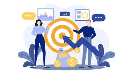Two people aim at a target by a money bag. Ideal for illustrating investment goals, teamwork, financial success, and strategy.