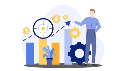 Businessman presenting financial statistics with time and money symbols. Ideal for business presentations, financial reports, investment concepts, and time management graphics.