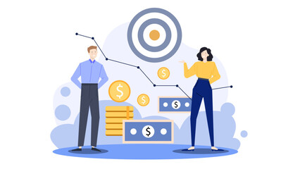 Man and woman near money and target. Ideal for finance, goalsetting, success themes in ads, presentations, and publications.
