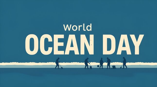 World Ocean Day Text Art with Beach Cleanup Scene