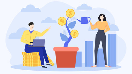 Two people nurturing a money tree, symbolizing financial growth and prosperity. Perfect for financial planning, investment, and wealth building concepts.