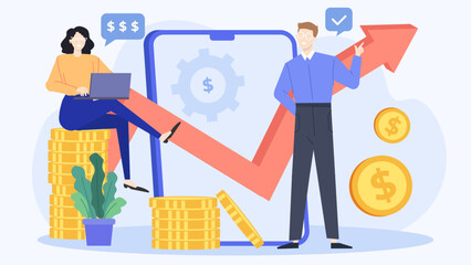 Woman on laptop, man pointing to upward arrow. Business, success, teamwork, growth, technology, progress, collaboration, achievement, communication, strategy concept.