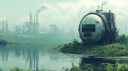 A futuristic machine sucking up pollutants from a highly contaminated lake 