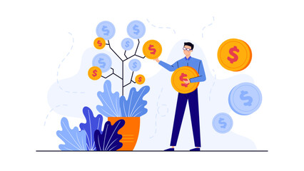 Man holding a gold coin next to a money tree, conveying financial success and growth. Suitable for finance and investment concepts.