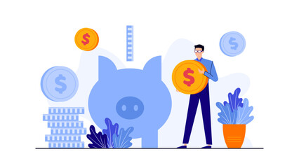 Man holding large gold coin in front of blue piggy bank suitable for financial concept designs, savings, investments, wealth management illustrations.