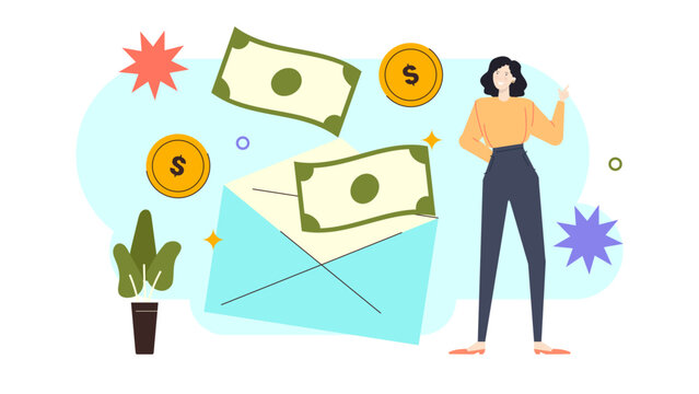 Woman pointing at a blue envelope with dollar bills, suitable for financial marketing and moneysaving concepts for websites or brochures.