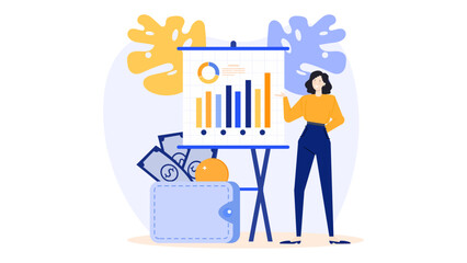 Woman presenting financial graph to wallet, ideal for finance related projects, budgeting concepts, investment promotions, and money management visuals.