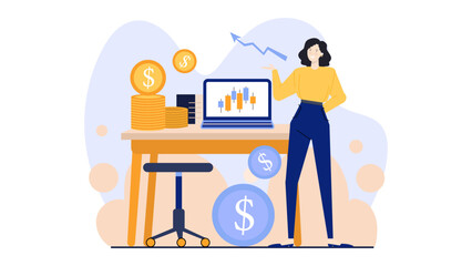 Woman smiling at a computer with an upward trend graph; suitable for business presentations, financial articles, technology blogs, and social media posts.