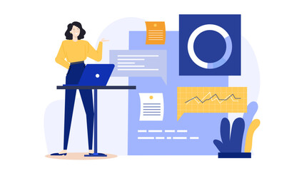 Professional woman with laptop near desk of charts and graphs. Suitable for business presentations, data analysis concepts, and work environments.