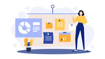 Woman presenting chart on whiteboard, suitable for business presentations, educational materials, training sessions, marketing reports, and financial analysis presentations.