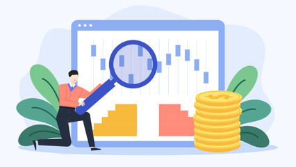 Man analyzing financial data with magnifying glass. Perfect for finance, data analysis, business concepts in presentations, articles, and blogs.