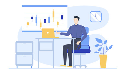 Man analyzing business graph. Suitable for finance articles, presentations, educational materials, business reports, and economic blogs. Graph on desk.