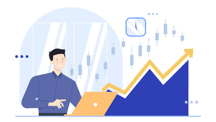 Man monitors stock market chart using laptop at desk. Suitable for finance, stock trading, investing, online business concepts.