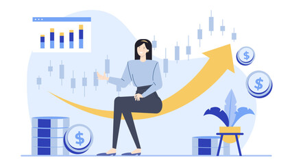 Woman on yellow arrow with dollar signs suitable for finance, success, growth concepts. Ideal for business presentations, financial articles, motivational content.