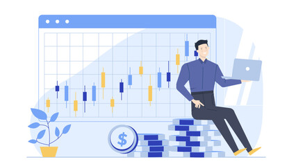 Man on coins with laptop in front of stock chart, symbolizing financial success and investment strategies. Suitable for financial blogs and articles.