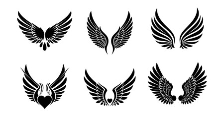 Vector collection of six stylized wings illustrations displayed in a symmetrical and varied fashion on transparent background