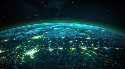 A futuristic Earth with glowing green energy fields, free from pollution