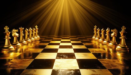 Golden chess pieces on a grand board