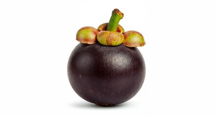 Obraz premium A ripe mangosteen displays its glossy purple exterior and greenish crown. This tropical fruit is known for its sweet and tangy flavor, typical in warm climates.