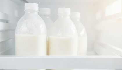 Bottles of milk stored in fridge on a kitchen shelf 