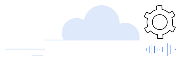 Gear beside a cloud and soundwave, representing data processing, cloud technology, automation, audio integration, connectivity, software development, and adaptability. Ideal for tech presentations