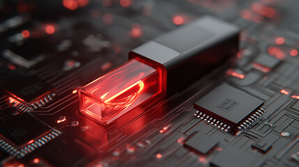 Futuristic glowing red USB flash drive placed on a dark high-tech circuit board, symbolizing data transfer and cyber technology.
