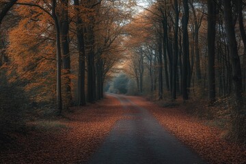 Naklejka premium Autumnal forest road, trees in fall colors