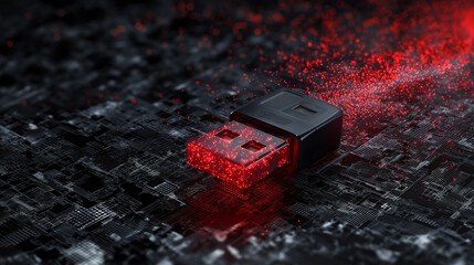 Futuristic glowing red USB flash drive placed on a dark high-tech circuit board, symbolizing data transfer and cyber technology.
