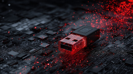 Futuristic glowing red USB flash drive placed on a dark high-tech circuit board, symbolizing data transfer and cyber technology.
