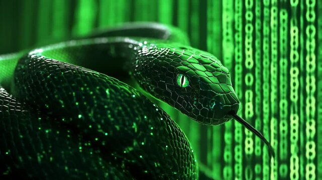 A green snake with lights all over its body slithering through hundreds or thousands of lines of codes, networking and security, python
