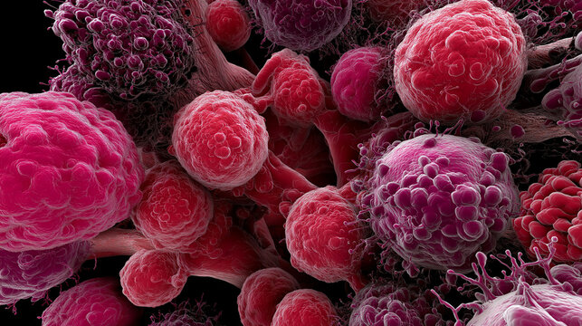 Cell Overwhelming. Overpopulated cancer cells outnumbering healthy tissue in a microscopic view.
