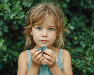 National Blueberry Harvest Festival Girl holding blueberries with a natural backdrop.