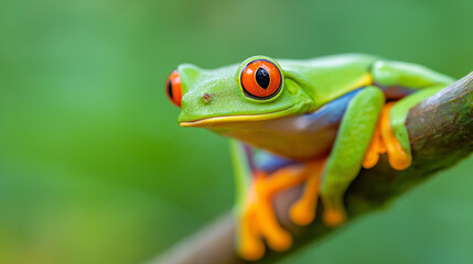 Close-up of a vibrant red-eyed tree frog perched on a green branch against a blurred jungle background.
