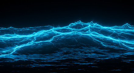 Fototapeta premium Abstract Blue Electric Ocean Waves Glowing Energy Dark Background Digital Art