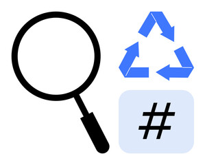 Magnifying glass for search, blue recycling arrows for sustainability, and metadata tag in a box for trending topics. Ideal for research, environment, technology, content, analysis, education simple
