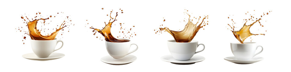 set of Coffee splashes in white cups against a white background.